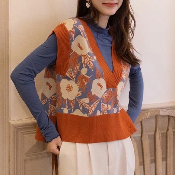 Floral know vest sweater too v-neck high low knit vintage soft orange - Picture 2 of 14
